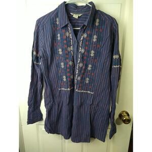 Bob Timberlake Woman L Shirt Collared V Neck Button Blue Western Pullover Tunic